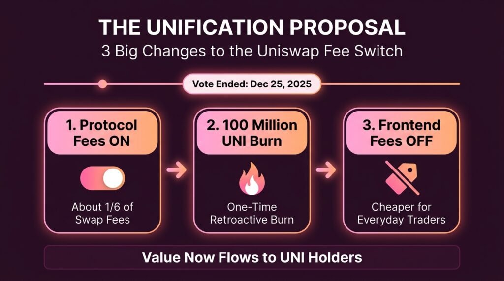 Infographic of the Uniswap fee switch UNIfication proposal showing protocol fees, a 100 million UNI burn, and no frontend fees