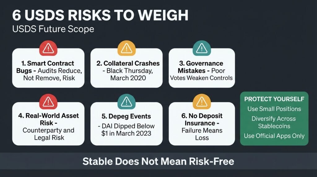 USDS future scope risks including smart contracts, governance, and depeg events
