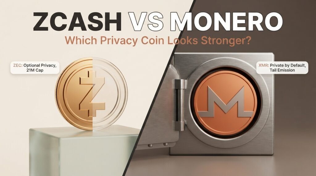 Zcash vs Monero concept with a golden ZEC coin on a glass pedestal facing a copper XMR coin sealed in a steel vault