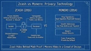 Zcash vs Monero privacy technology blueprint comparing zk-SNARKs with ring signatures, stealth addresses and RingCT