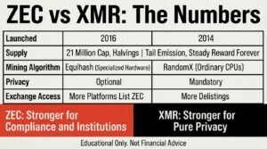 Zcash vs Monero comparison table of launch year, supply cap, mining algorithm, privacy approach and exchange access